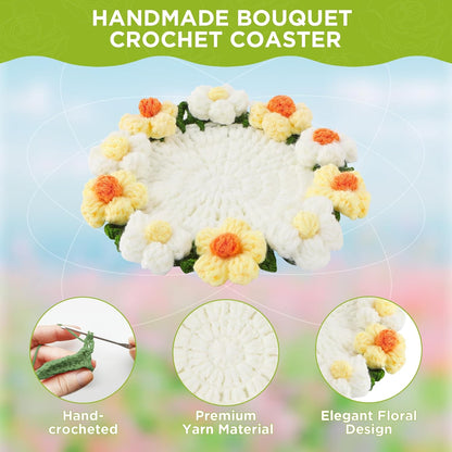 Flower Crochet Coasters, Handmade Bouquet Blanket Coaster with Crochet Plant Pot Fun Soft Decorative Drink Coasters for Coffee Tabletop Protection and Home Decor (Light Yellow, 1Pc)