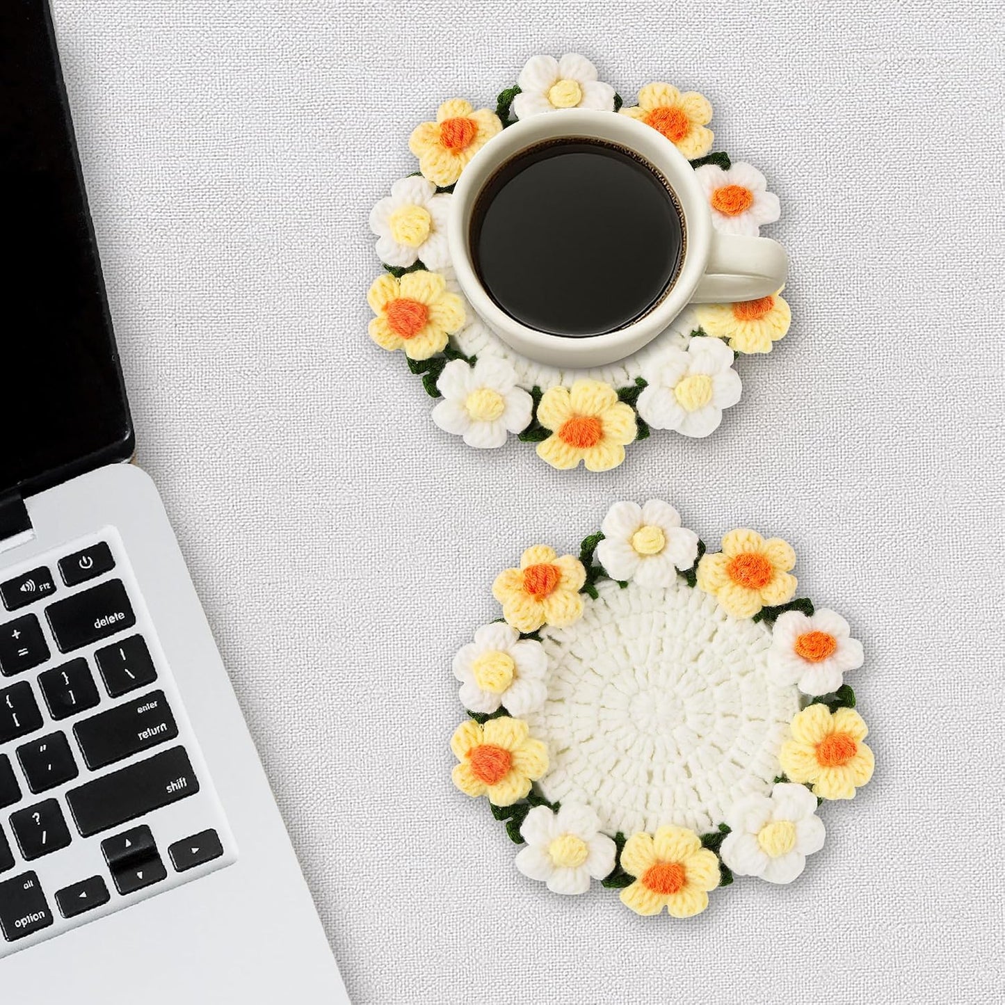 Flower Crochet Coasters, Handmade Bouquet Blanket Coaster with Crochet Plant Pot Fun Soft Decorative Drink Coasters for Coffee Tabletop Protection and Home Decor (Light Yellow, 1Pc)