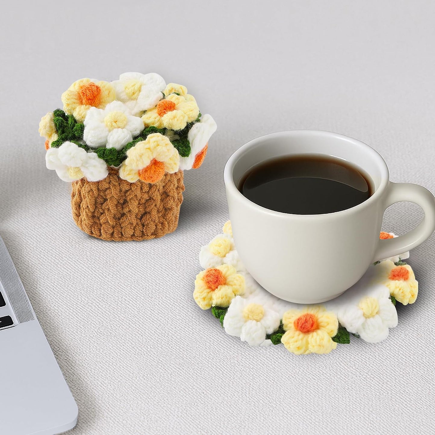 Flower Crochet Coasters, Handmade Bouquet Blanket Coaster with Crochet Plant Pot Fun Soft Decorative Drink Coasters for Coffee Tabletop Protection and Home Decor (Light Yellow, 1Pc)