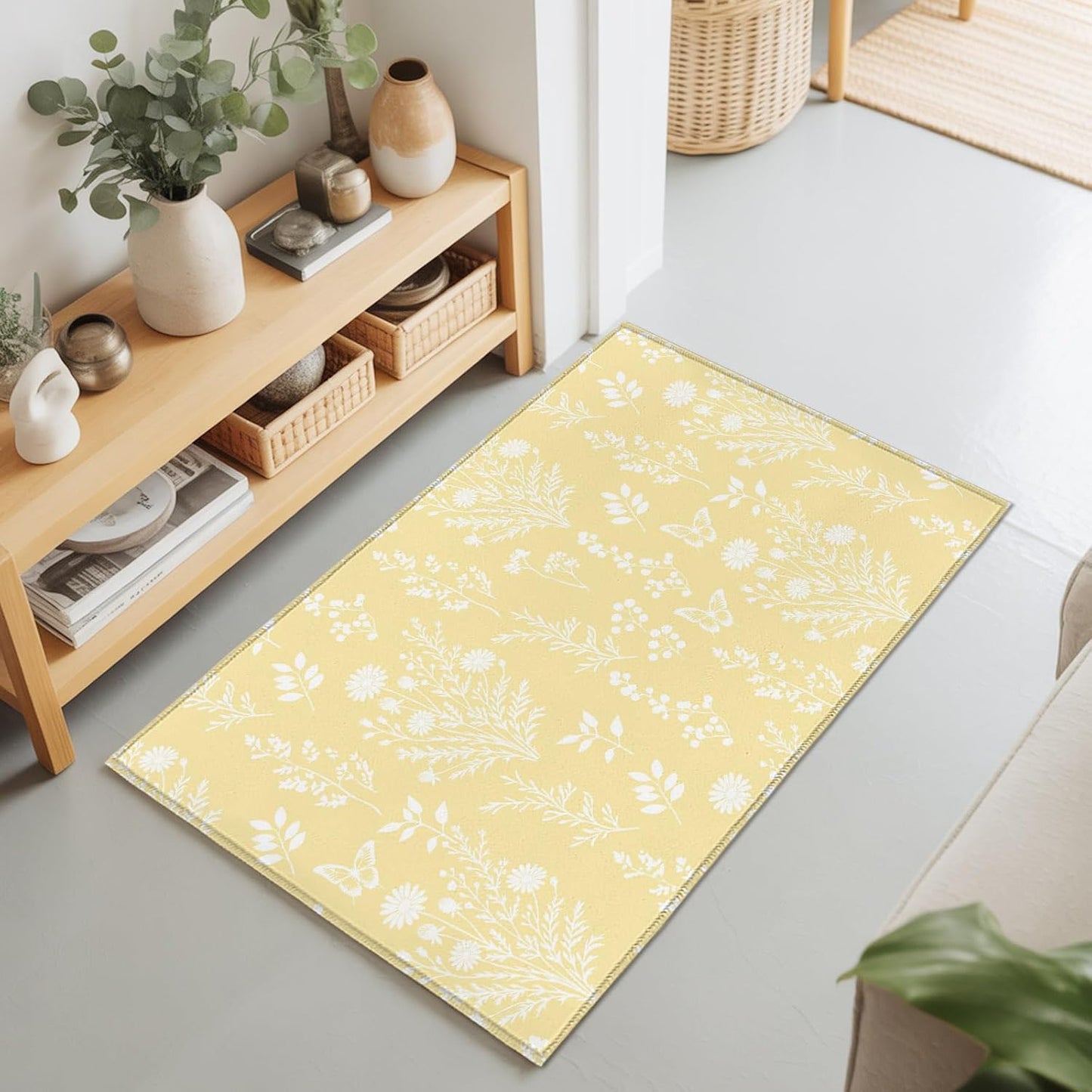 Large Area Rugs for Bedroom Living Room, Light Yellow Botanical Soft Non Slip Carpet Bedside Rug, Spring Summer Chic Wildflowers Rectangular Floor Cover Kitchen Accent Rug 2'x3' for Dining Room/Office