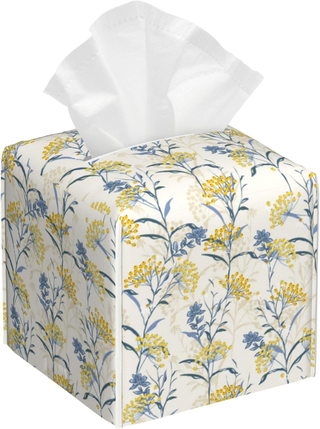 Yellow Berries and Leaves Tissue Box Cover Square, Autumn Floral Tissue Box Holder with Bottom Belt Leather Facial Paper Organizer Dispenser for Bathroom Bedroom Dresser Night Stand Tabletop