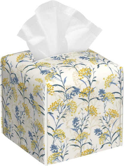 Yellow Berries and Leaves Tissue Box Cover Square, Autumn Floral Tissue Box Holder with Bottom Belt Leather Facial Paper Organizer Dispenser for Bathroom Bedroom Dresser Night Stand Tabletop