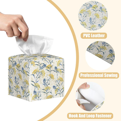 Yellow Berries and Leaves Tissue Box Cover Square, Autumn Floral Tissue Box Holder with Bottom Belt Leather Facial Paper Organizer Dispenser for Bathroom Bedroom Dresser Night Stand Tabletop