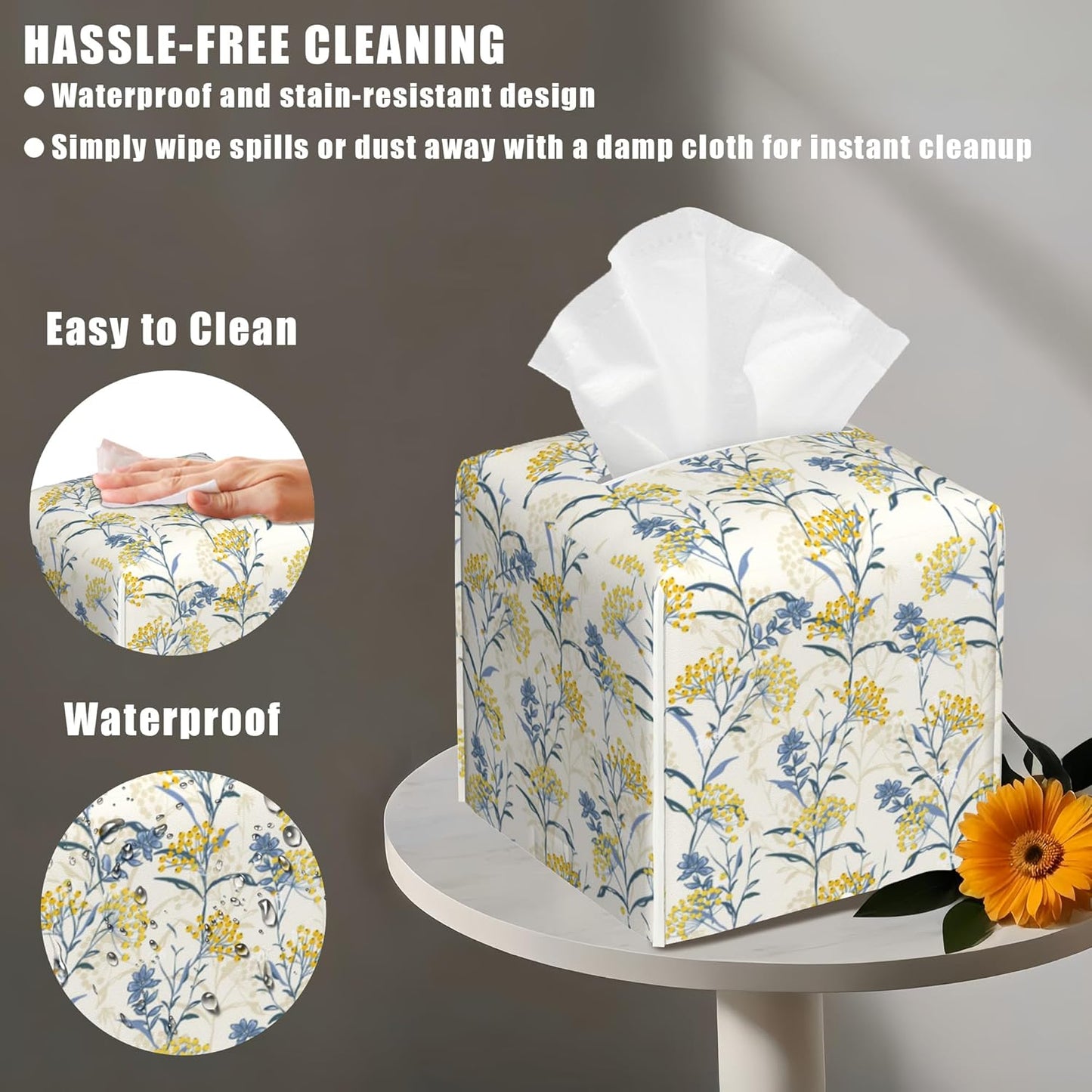 Yellow Berries and Leaves Tissue Box Cover Square, Autumn Floral Tissue Box Holder with Bottom Belt Leather Facial Paper Organizer Dispenser for Bathroom Bedroom Dresser Night Stand Tabletop