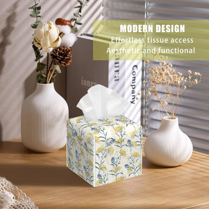 Yellow Berries and Leaves Tissue Box Cover Square, Autumn Floral Tissue Box Holder with Bottom Belt Leather Facial Paper Organizer Dispenser for Bathroom Bedroom Dresser Night Stand Tabletop