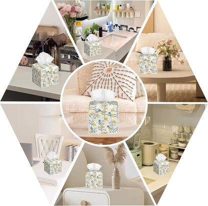 Yellow Berries and Leaves Tissue Box Cover Square, Autumn Floral Tissue Box Holder with Bottom Belt Leather Facial Paper Organizer Dispenser for Bathroom Bedroom Dresser Night Stand Tabletop