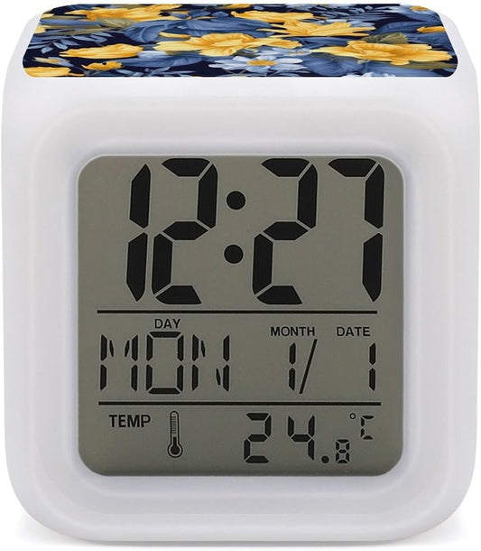 LED Digital Alarm Clock with 7 Color Changing Night Light | Blue Yellow Floral, Multi-functional Calendar Temperature Time Date Display, Wake up Clock for Bedroom Bedside Decor