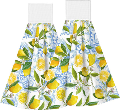 2 PCS Lemon Kitchen Hand Towels with Hanging Loops Absorbent Dish Oven Towel, Fast Drying Hanging Towels Tropic Leaves Lemon Decor for Home Kitchen Bathroom