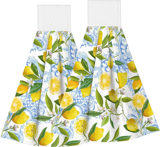 2 PCS Lemon Kitchen Hand Towels with Hanging Loops Absorbent Dish Oven Towel, Fast Drying Hanging Towels Tropic Leaves Lemon Decor for Home Kitchen Bathroom