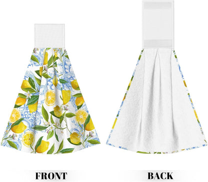 2 PCS Lemon Kitchen Hand Towels with Hanging Loops Absorbent Dish Oven Towel, Fast Drying Hanging Towels Tropic Leaves Lemon Decor for Home Kitchen Bathroom