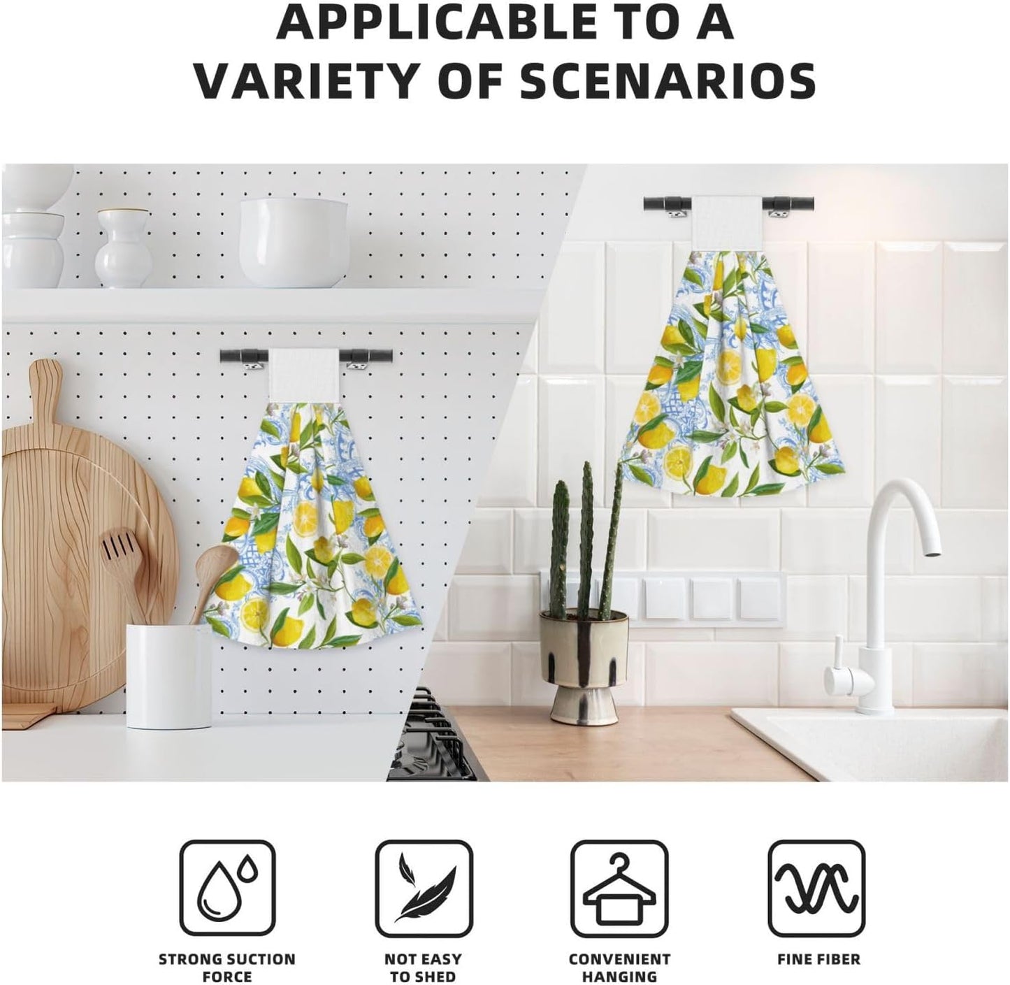 2 PCS Lemon Kitchen Hand Towels with Hanging Loops Absorbent Dish Oven Towel, Fast Drying Hanging Towels Tropic Leaves Lemon Decor for Home Kitchen Bathroom