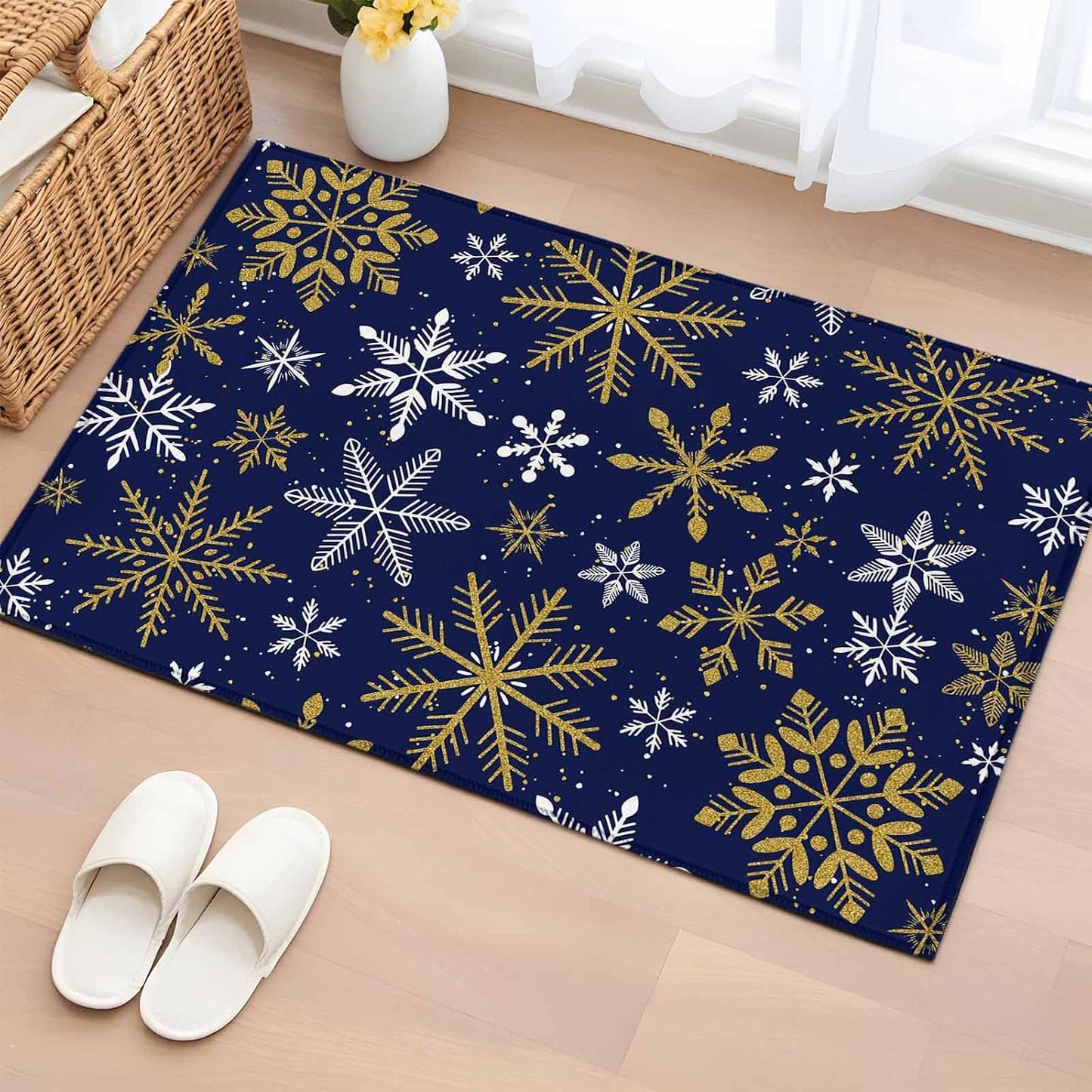 Winter Yellow Snowflake 2x3 Area Rugs for Living Room, Christmas White Snowflake Navy Non Slip Floor Mat Washable Low-Profile Indoor Carpet for Bedroom, Dining Room, Bathroom