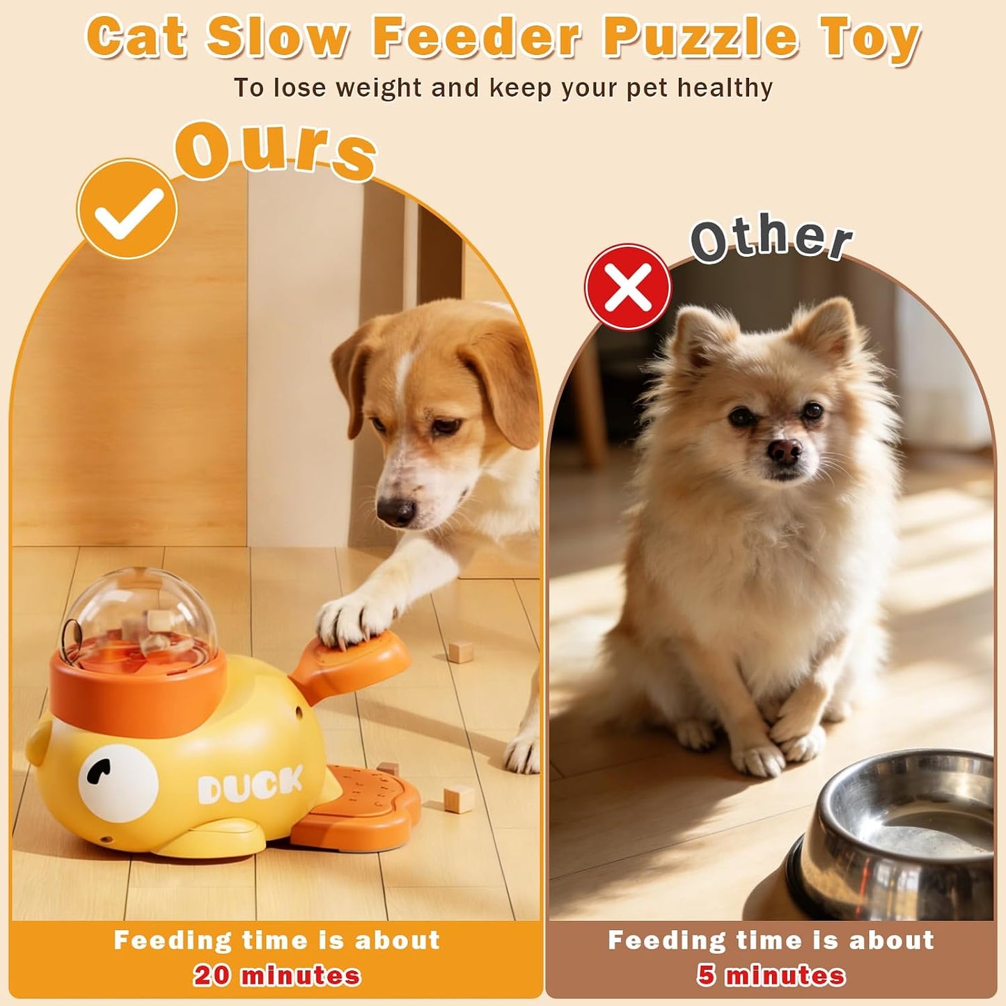 Interactive Treat Dispenser Toy for Dogs & Cats - 2-in-1 Food Puzzle Slow Feeder, Durable Cute Duck Shape, IQ Training, Reduces Bloating (Yellow-1)