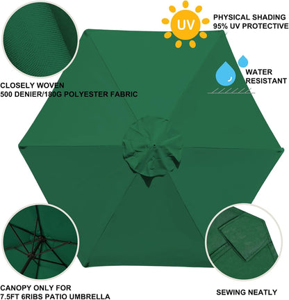 USA 7.5FT Replacement Covers 6 Ribs Market Patio Umbrella Canopy Cover (CANOPY ONLY) (Forest Green)