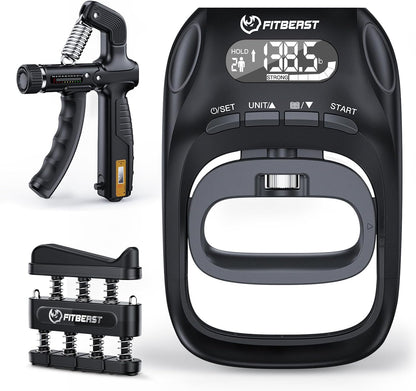 Grip Strength Trainer Kit, Digital Grip Strength Tester with Adjustable Hand Gripper Strengthener & Finger Exerciser, Track Progress for Fitness, Rehab & Strength Building (Advanced 3-in-1 Kit)
