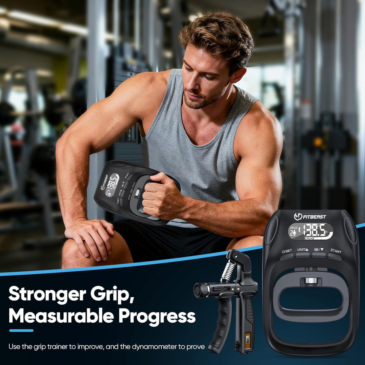 Grip Strength Trainer Kit, Digital Grip Strength Tester with Adjustable Hand Gripper Strengthener & Finger Exerciser, Track Progress for Fitness, Rehab & Strength Building (Advanced 3-in-1 Kit)