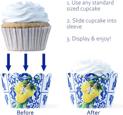 Blue and White Tile Talavera Cupcake Wrapper - Lemon Design Cupcake Wrapper