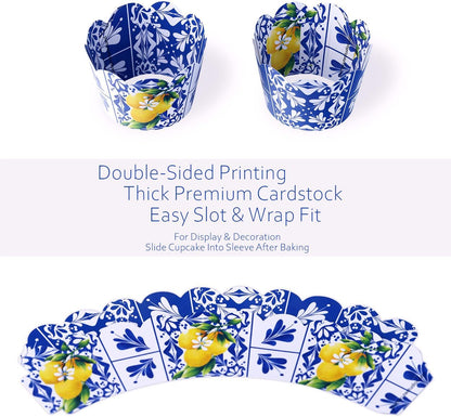 Blue and White Tile Talavera Cupcake Wrapper - Lemon Design Cupcake Wrapper