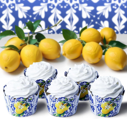 Blue and White Tile Talavera Cupcake Wrapper - Lemon Design Cupcake Wrapper