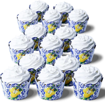 Blue and White Tile Talavera Cupcake Wrapper - Lemon Design Cupcake Wrapper