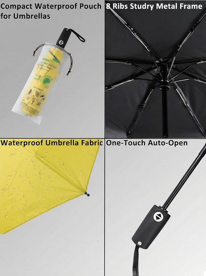Compact Travel Umbrella Small Windproof Auto Open Close for UV Sun Protection UPF 50+ and Rain Fits Backpack Purse & Suitcase