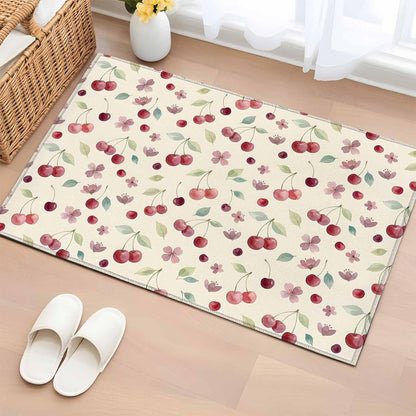 Rectangle Area Rug 2x3ft, Summer Cherry Harvest Flower Non-Shedding Washable Area Rug, Watercolor Fruit on Light Yellow Non Slip Low-Profile Rugs for Living Room, Bedroom Dining Room