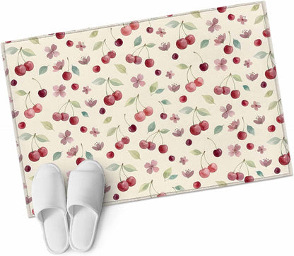Rectangle Area Rug 2x3ft, Summer Cherry Harvest Flower Non-Shedding Washable Area Rug, Watercolor Fruit on Light Yellow Non Slip Low-Profile Rugs for Living Room, Bedroom Dining Room