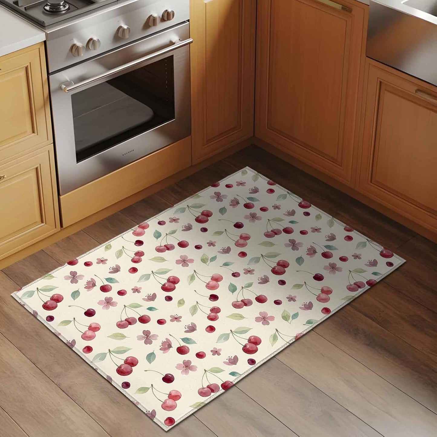 Rectangle Area Rug 2x3ft, Summer Cherry Harvest Flower Non-Shedding Washable Area Rug, Watercolor Fruit on Light Yellow Non Slip Low-Profile Rugs for Living Room, Bedroom Dining Room