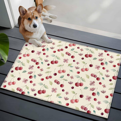 Rectangle Area Rug 2x3ft, Summer Cherry Harvest Flower Non-Shedding Washable Area Rug, Watercolor Fruit on Light Yellow Non Slip Low-Profile Rugs for Living Room, Bedroom Dining Room