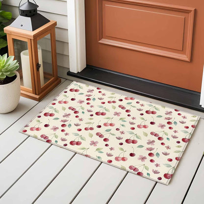 Rectangle Area Rug 2x3ft, Summer Cherry Harvest Flower Non-Shedding Washable Area Rug, Watercolor Fruit on Light Yellow Non Slip Low-Profile Rugs for Living Room, Bedroom Dining Room