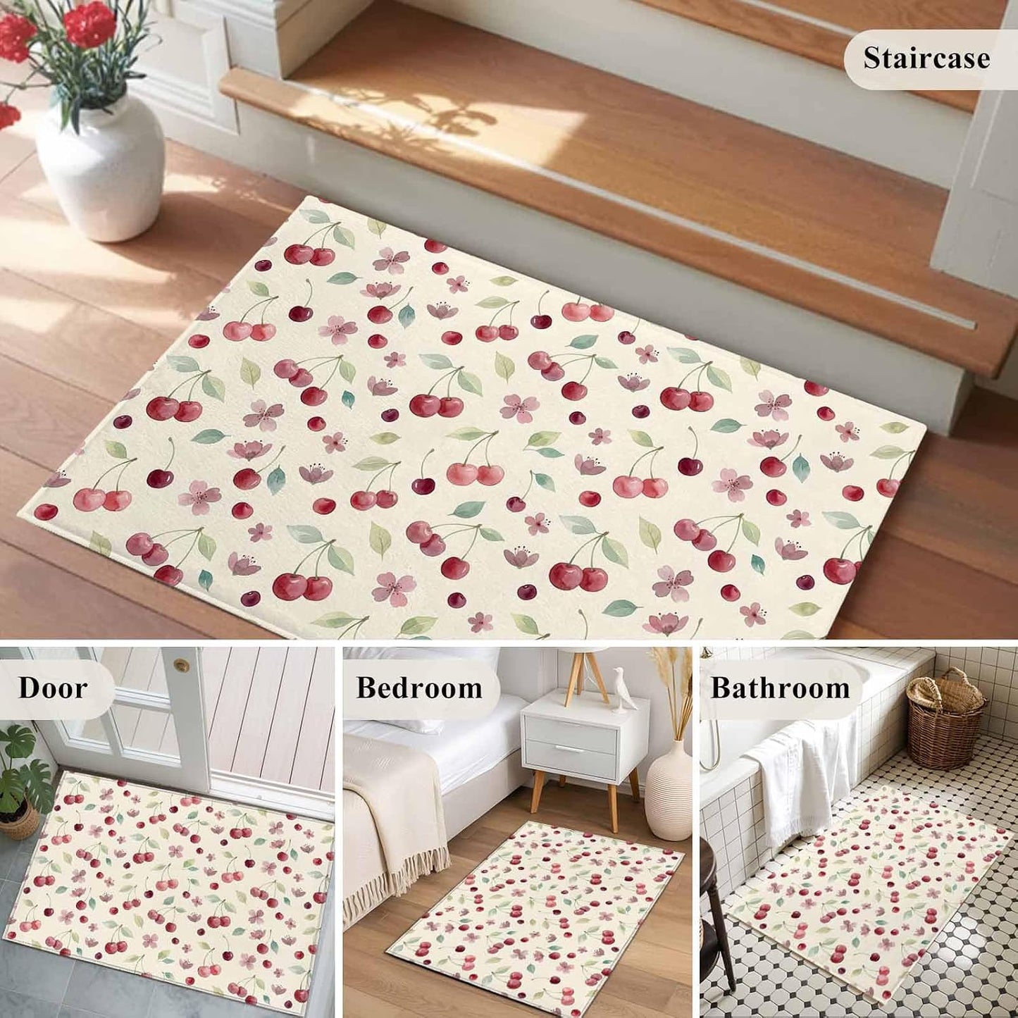 Rectangle Area Rug 2x3ft, Summer Cherry Harvest Flower Non-Shedding Washable Area Rug, Watercolor Fruit on Light Yellow Non Slip Low-Profile Rugs for Living Room, Bedroom Dining Room