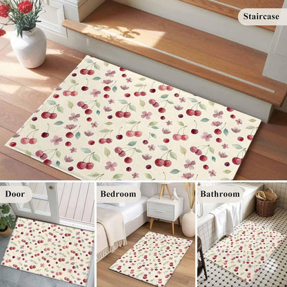 Rectangle Area Rug 2x3ft, Summer Cherry Harvest Flower Non-Shedding Washable Area Rug, Watercolor Fruit on Light Yellow Non Slip Low-Profile Rugs for Living Room, Bedroom Dining Room