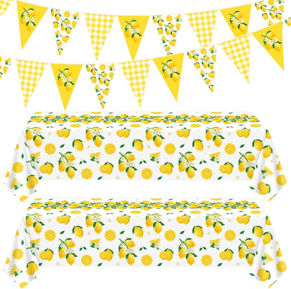 4 Pcs Lemon Party Decoration Lemonade Tablecloth Lemon Triangle Banners Rectangle 86 x 51inch Plastic Lemonade Tablecloth Fruit Party Baby Shower Birthday Decorations