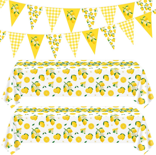 4 Pcs Lemon Party Decoration Lemonade Tablecloth Lemon Triangle Banners Rectangle 86 x 51inch Plastic Lemonade Tablecloth Fruit Party Baby Shower Birthday Decorations