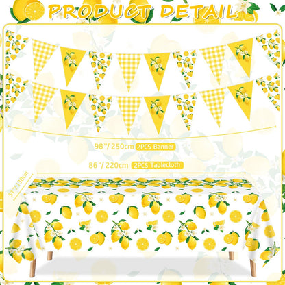 4 Pcs Lemon Party Decoration Lemonade Tablecloth Lemon Triangle Banners Rectangle 86 x 51inch Plastic Lemonade Tablecloth Fruit Party Baby Shower Birthday Decorations