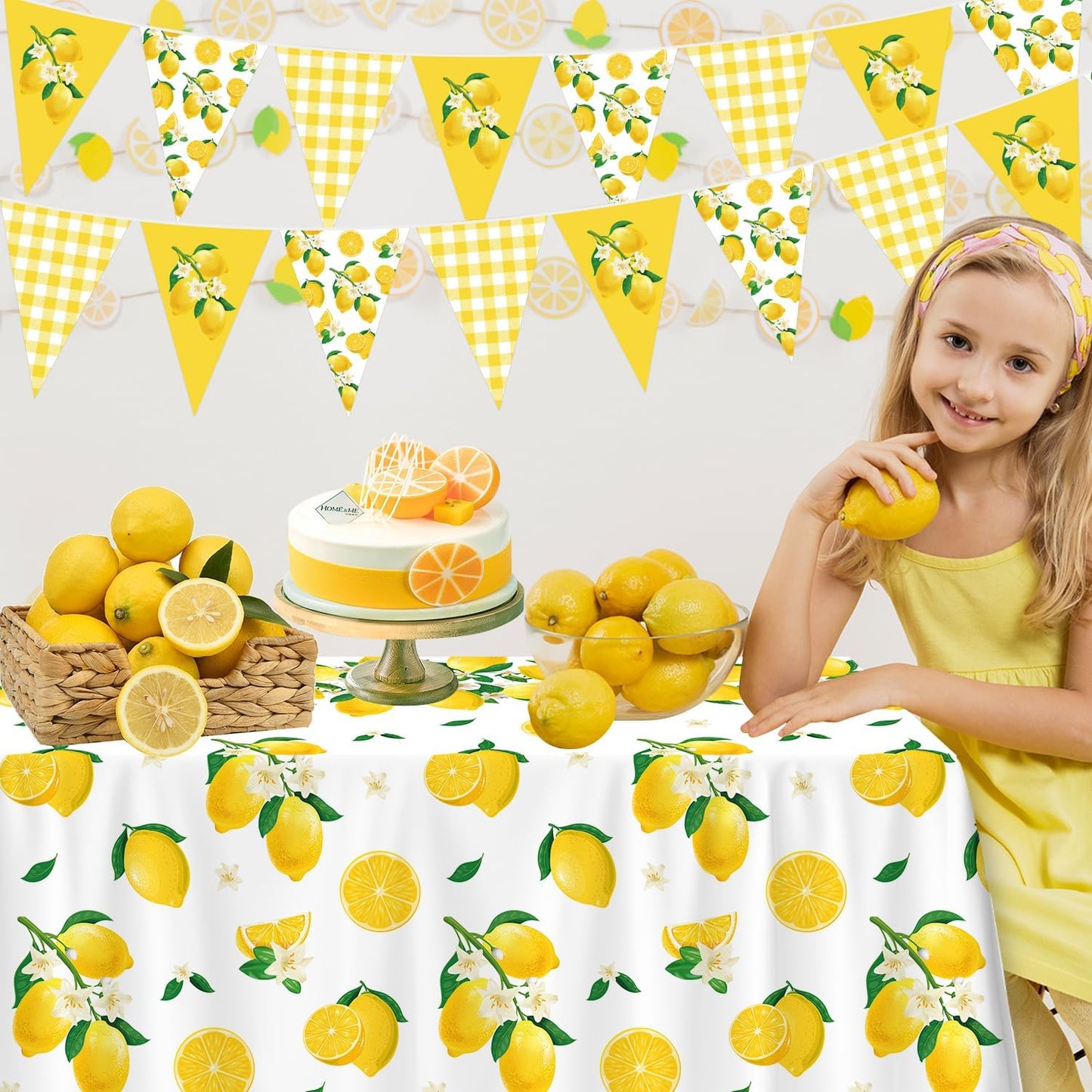 4 Pcs Lemon Party Decoration Lemonade Tablecloth Lemon Triangle Banners Rectangle 86 x 51inch Plastic Lemonade Tablecloth Fruit Party Baby Shower Birthday Decorations
