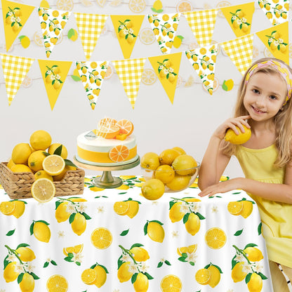 4 Pcs Lemon Party Decoration Lemonade Tablecloth Lemon Triangle Banners Rectangle 86 x 51inch Plastic Lemonade Tablecloth Fruit Party Baby Shower Birthday Decorations