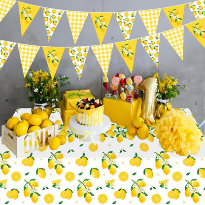 4 Pcs Lemon Party Decoration Lemonade Tablecloth Lemon Triangle Banners Rectangle 86 x 51inch Plastic Lemonade Tablecloth Fruit Party Baby Shower Birthday Decorations