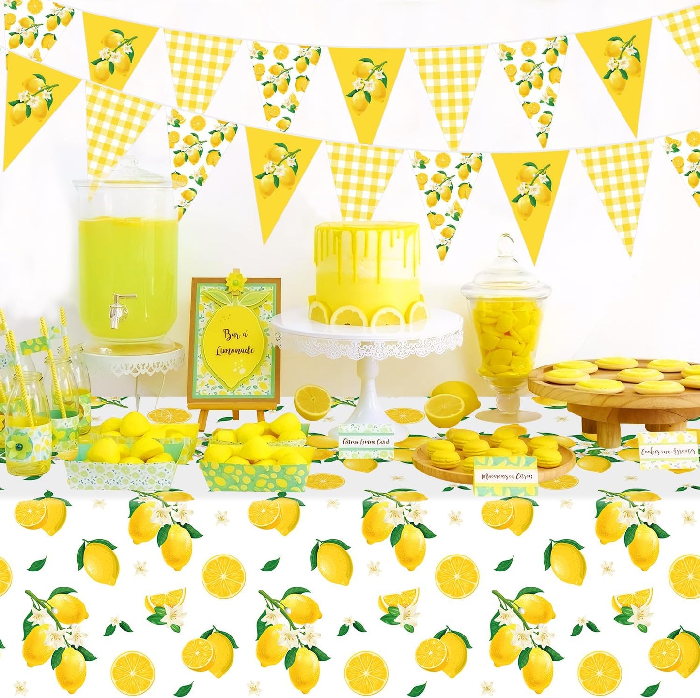 4 Pcs Lemon Party Decoration Lemonade Tablecloth Lemon Triangle Banners Rectangle 86 x 51inch Plastic Lemonade Tablecloth Fruit Party Baby Shower Birthday Decorations