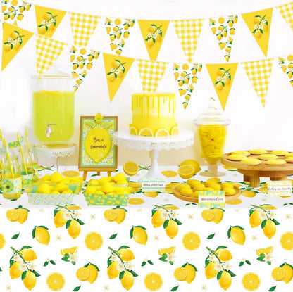 4 Pcs Lemon Party Decoration Lemonade Tablecloth Lemon Triangle Banners Rectangle 86 x 51inch Plastic Lemonade Tablecloth Fruit Party Baby Shower Birthday Decorations