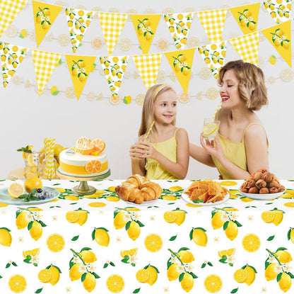 4 Pcs Lemon Party Decoration Lemonade Tablecloth Lemon Triangle Banners Rectangle 86 x 51inch Plastic Lemonade Tablecloth Fruit Party Baby Shower Birthday Decorations