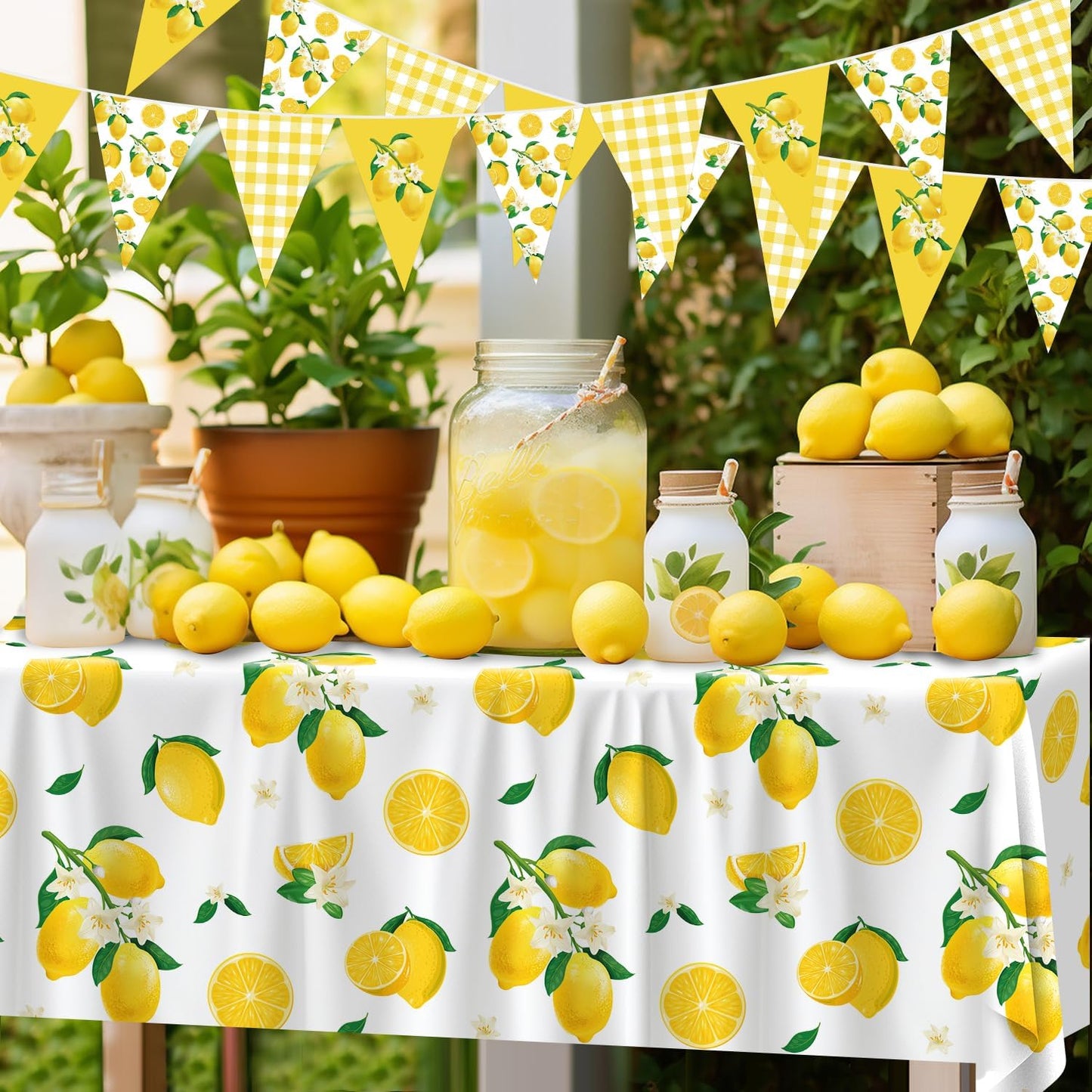 4 Pcs Lemon Party Decoration Lemonade Tablecloth Lemon Triangle Banners Rectangle 86 x 51inch Plastic Lemonade Tablecloth Fruit Party Baby Shower Birthday Decorations