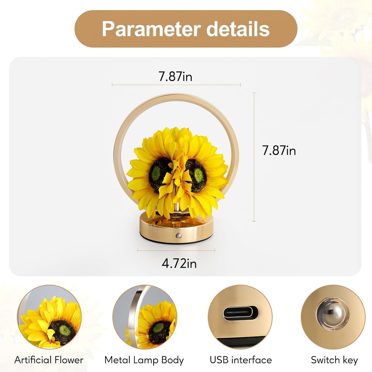 Sunflower Birthday Gifts for Women Mom,Sunflowers Flower Touch Lamp,Rechargeable Cordless 3 Way Dimmable Small Night Light for Living Room,Bedroom,Office Home Decor Thank You Gifts-Yellow