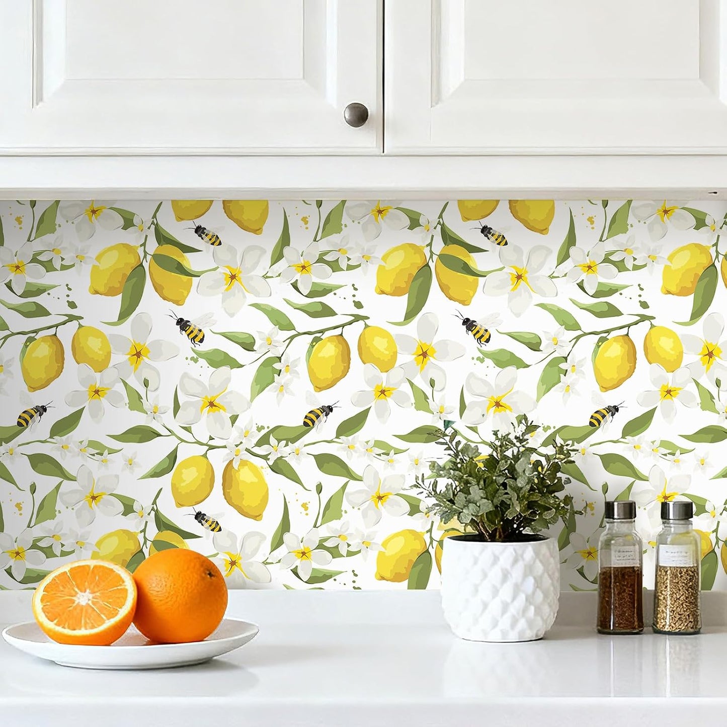 Yellow Watercolor Lemon Wallpaper White Floral Contact Paper Peel and Stick Bee Green Leaf Wall Paper Prepasted Removable Wallpaper for Bedroom Kids Walls Ktichen Cabinets Waterproof 17.5x118