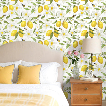 Yellow Watercolor Lemon Wallpaper White Floral Contact Paper Peel and Stick Bee Green Leaf Wall Paper Prepasted Removable Wallpaper for Bedroom Kids Walls Ktichen Cabinets Waterproof 17.5x118