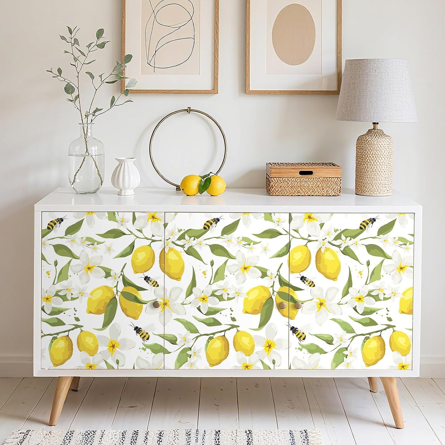 Yellow Watercolor Lemon Wallpaper White Floral Contact Paper Peel and Stick Bee Green Leaf Wall Paper Prepasted Removable Wallpaper for Bedroom Kids Walls Ktichen Cabinets Waterproof 17.5x118
