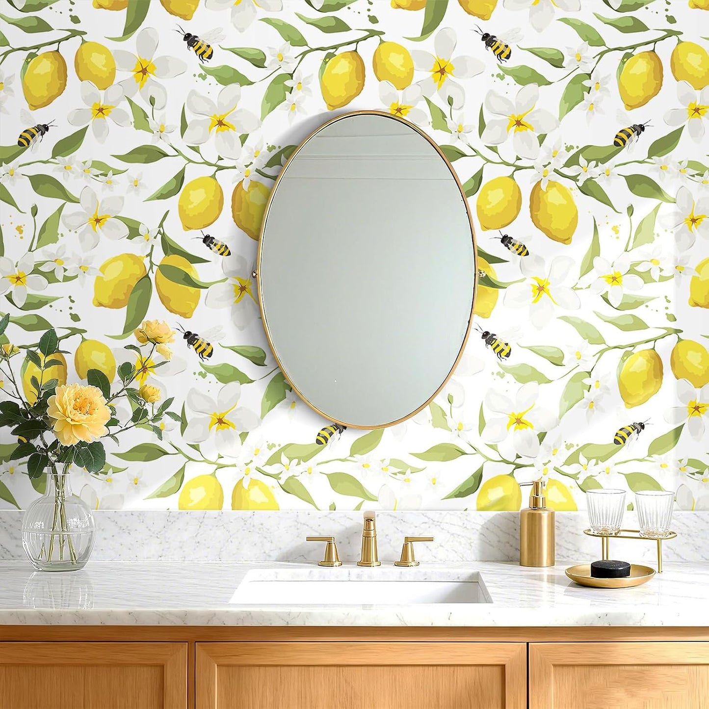 Yellow Watercolor Lemon Wallpaper White Floral Contact Paper Peel and Stick Bee Green Leaf Wall Paper Prepasted Removable Wallpaper for Bedroom Kids Walls Ktichen Cabinets Waterproof 17.5x118