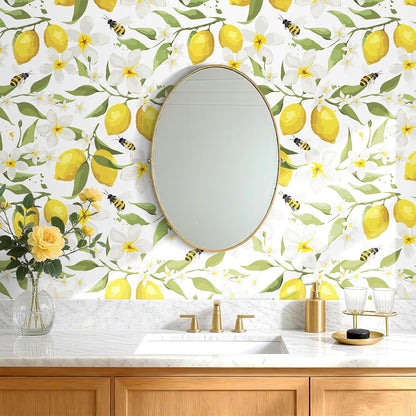 Yellow Watercolor Lemon Wallpaper White Floral Contact Paper Peel and Stick Bee Green Leaf Wall Paper Prepasted Removable Wallpaper for Bedroom Kids Walls Ktichen Cabinets Waterproof 17.5x118