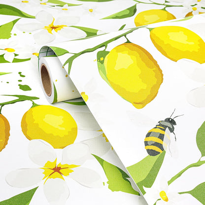 Yellow Watercolor Lemon Wallpaper White Floral Contact Paper Peel and Stick Bee Green Leaf Wall Paper Prepasted Removable Wallpaper for Bedroom Kids Walls Ktichen Cabinets Waterproof 17.5x118