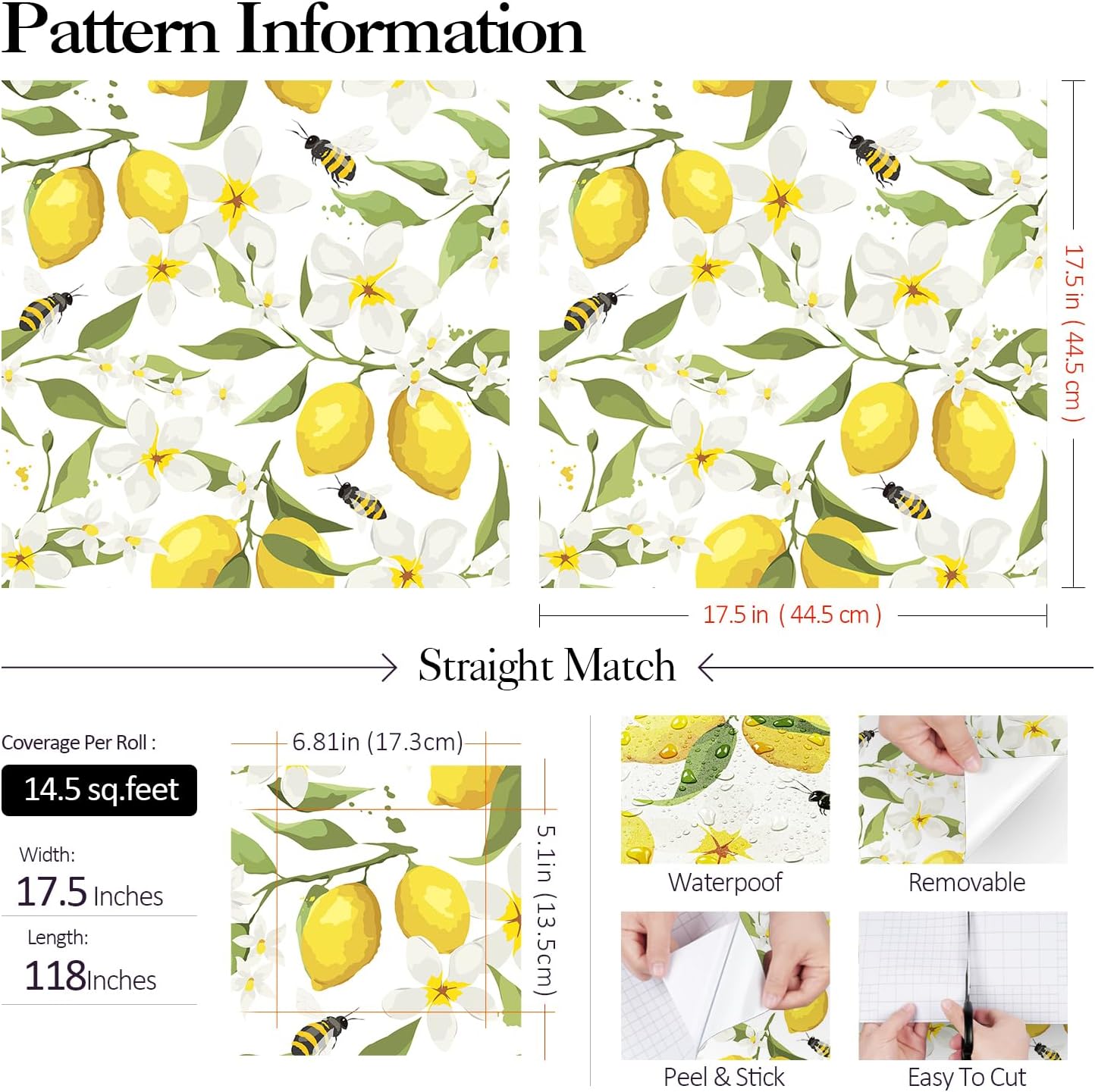 Yellow Watercolor Lemon Wallpaper White Floral Contact Paper Peel and Stick Bee Green Leaf Wall Paper Prepasted Removable Wallpaper for Bedroom Kids Walls Ktichen Cabinets Waterproof 17.5x118